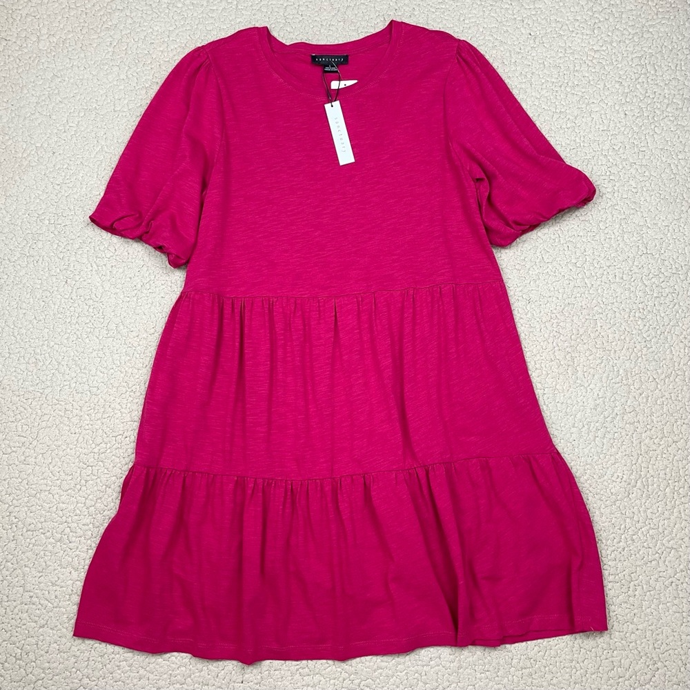Sanctuary Sunday Stroll Tiered Knit Short Sleeve Dress Bright Rose